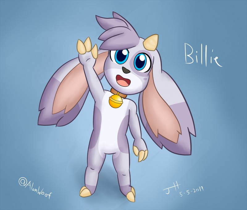 anthro bell biped blue_eyes casual_nudity collar feet female fluffy fur hair hooves horn long_ears markings nude purple_body purple_fur purple_hair solo spots spotted_body spotted_fur young alonwoof billie_bust_up billie_(billie_bust_up) bovid caprine goat mammal 2019 digital_media_(artwork) hi_res unavailable_at_source