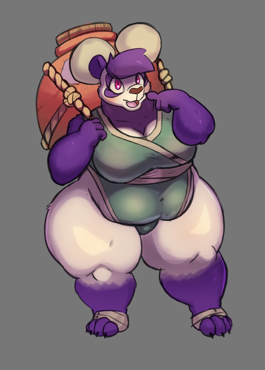 anthro belly big_breasts breasts clothing container female footwear fur hair hair_bun holding_object improvised_clothing jar leotard overweight overweight_anthro overweight_female pink_eyes purple_body purple_fur rope shirt solo topwear tunic white_body white_fur hana_(saltyseaskunk) bear giant_panda mammal absurd_res hi_res