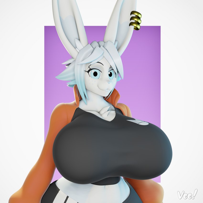 abstract_background anthro big_breasts breasts clothed clothing crop_top ear_piercing ear_ring female huge_breasts jacket piercing ring_piercing shirt solo topwear veein3d tristan_(bluebunboi) lagomorph leporid mammal rabbit 1:1 2022 3d_(artwork) digital_media_(artwork) half-length_portrait hi_res portrait male_(lore)