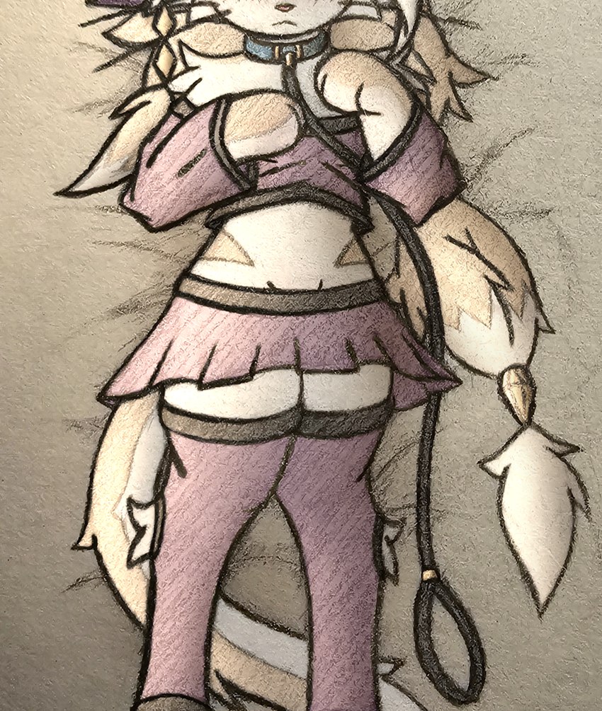 anthro barely_contained blush bottomwear clothing collar female fluffy hair jewelry leash legwear long_hair long_tail semi-anthro skirt solo tail thigh_highs whiskers del_(artist) caramel_(delusional) domestic_cat felid feline felis mammal hi_res