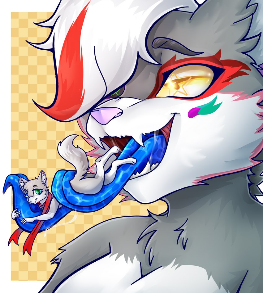 anthro auto_vore blue_tongue bodily_fluids breasts duo female fur hair hair_over_eye imminent_vore inner_ear_fluff long_tongue micro one_eye_obstructed open_mouth saliva scarf tongue tongue_out tuft vore squirre2ly bloodlust(wolfycreator) wolf_wolfindeir_(thewolfycreator) canid canine canis mammal wolf absurd_res digital_media_(artwork) hi_res