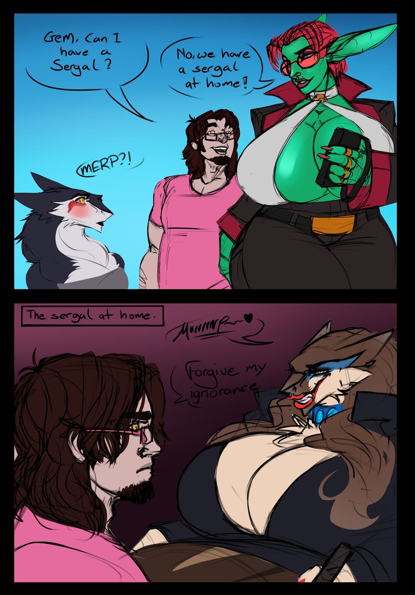 anthro big_breasts breasts collar eyewear female glasses group huge_breasts humanoid_pointy_ears lips lower_lip male mature_female open_mouth pointy_ears simple_background speech_bubble thick_bottom_lip djpuppeh venus_(djpuppeh) goblin human humanoid mammal sergal absurd_res hi_res