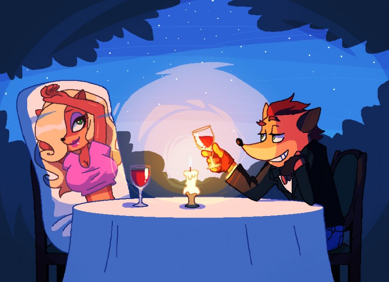 anthro big_breasts body_pillow breasts candle clothing container cup drinking_glass duo female fur furniture glass glass_container glass_cup green_eyes male pillow table topwear wine_glass kempferzero activision crash_bandicoot_(series) crash_bandicoot tawna_bandicoot bandicoot mammal marsupial 2016