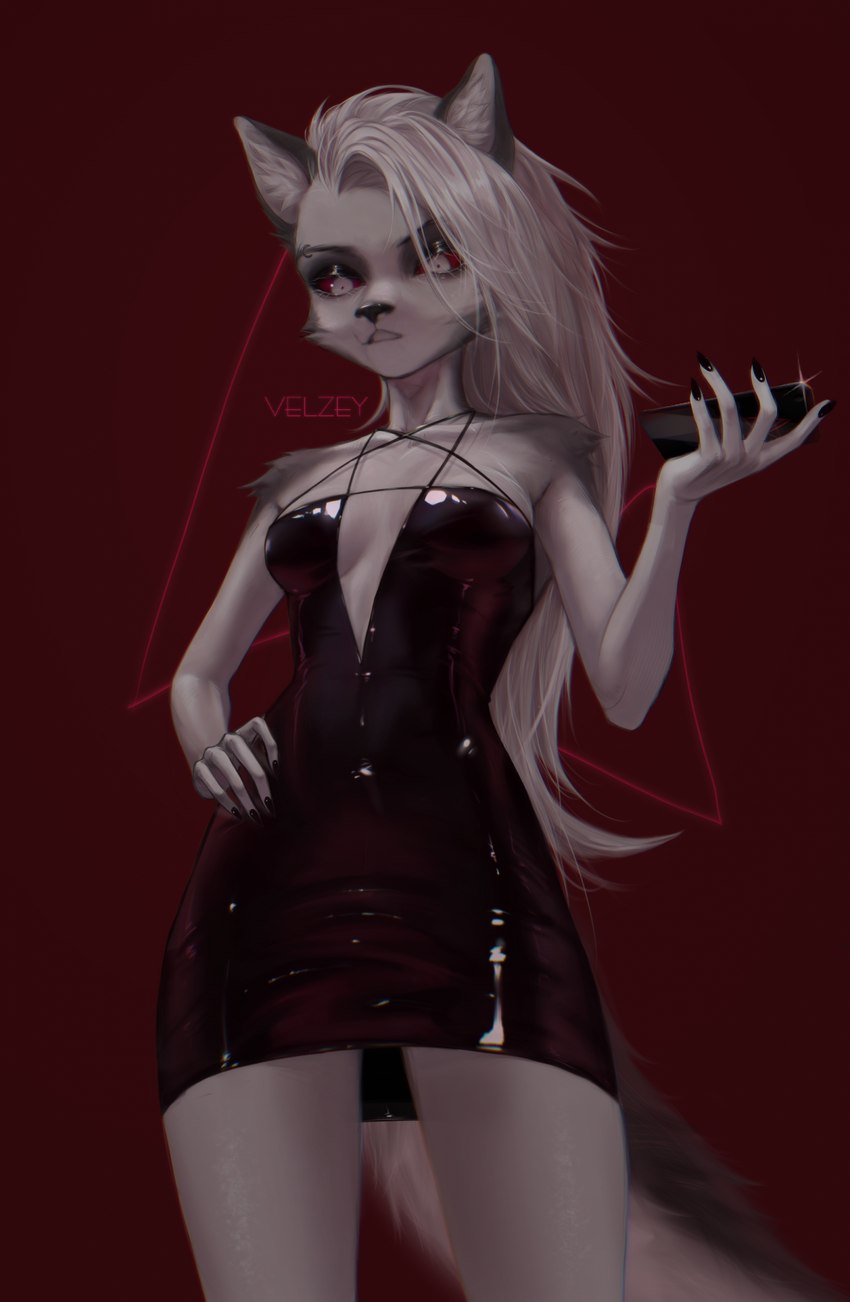 = anthro black_clothing black_dress breasts claws clothed clothing collar digitigrade dress eyebrow_piercing eyebrow_ring eyebrows eyelashes facial_piercing female fluffy fluffy_tail fur grey_hair hair latex long_hair markings occult_symbol pentagram piercing red_sclera ring_piercing simple_background solo spiked_collar spikes symbol tail text white_body white_fur velzey helluva_boss mythology loona_(helluva_boss) canid canid_demon canine canis demon hellhound mammal mythological_canine mythological_creature digital_media_(artwork) english_text hi_res