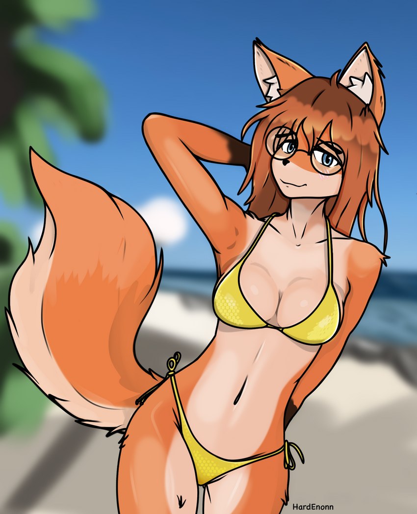 anthro bikini blue_eyes breasts clothing eyewear female fur glasses hair medium_breasts red_body red_fur red_hair solo swimwear tail two-piece_swimsuit underwear yellow_bikini yellow_clothing yellow_swimwear hardenonn ellie_(hardenonn) canid canine felid feline fox mammal 2023 hi_res