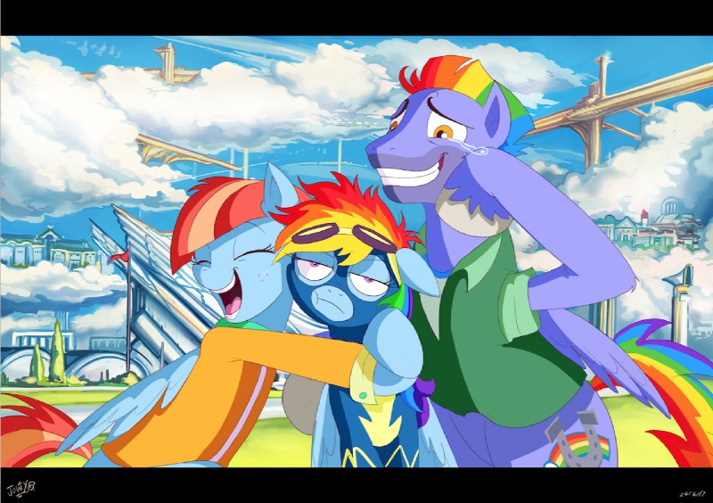 black_bars blue_body blue_feathers clothed clothing cutie_mark feathered_wings feathers female feral group hair husband_and_wife male married_couple multicolored_hair open_mouth rainbow_hair smile teeth tongue wings jowybean friendship_is_magic hasbro my_little_pony mythology bow_hothoof_(mlp) rainbow_dash_(mlp) windy_whistles_(mlp) equid equine mammal mythological_creature mythological_equine pegasus daughter_(lore) father_(lore) father_and_child_(lore) father_and_daughter_(lore) mother_(lore) mother_and_child_(lore) mother_and_daughter_(lore) parent_(lore) parent_and_child_(lore) parent_and_daughter_(lore)