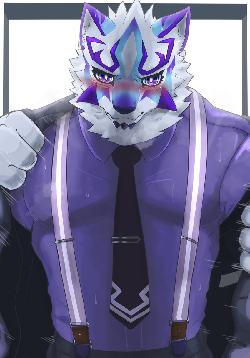 anthro blush clothing dress_shirt facial_markings fur head_markings male markings muscular muscular_anthro muscular_male musk musk_clouds necktie pecs shirt solo suspenders topwear white_body white_fur chigiri lifewonders live_a_hero sadayoshi canid canine mammal hi_res