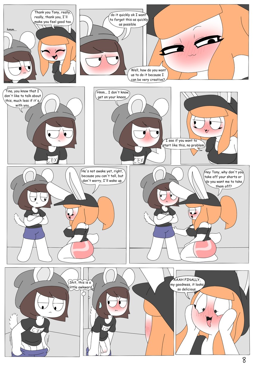 balls big_breasts blush breasts brown_hair clothing dialogue duo female fur genitals hair headgear headwear male nude penis shirt simple_background tail text topwear lalo_oliv tonytoran tina_(tonytoran) tony_(tonytoran) chinchilla chinchillid lagomorph leporid mammal rabbit rodent absurd_res comic english_text hi_res