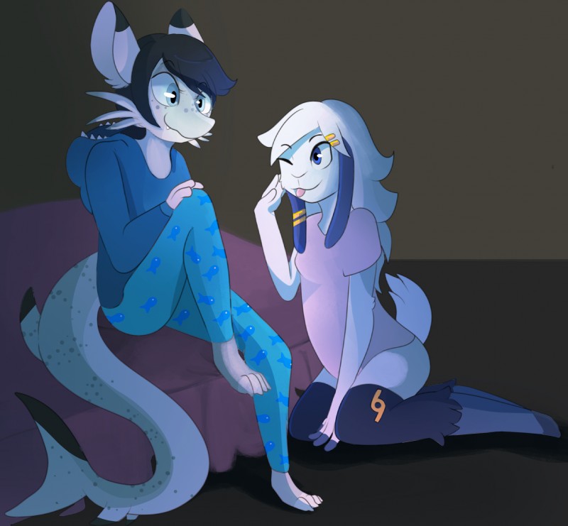 adolescent anthro bottomless breasts clothed clothing duo female fin sitting sleepover tail tail_fin tongue tongue_out young kitsunekotaro krishadraws krisha_russel whisky_catfish bovid caprine catfish fish mammal marine sheep hi_res