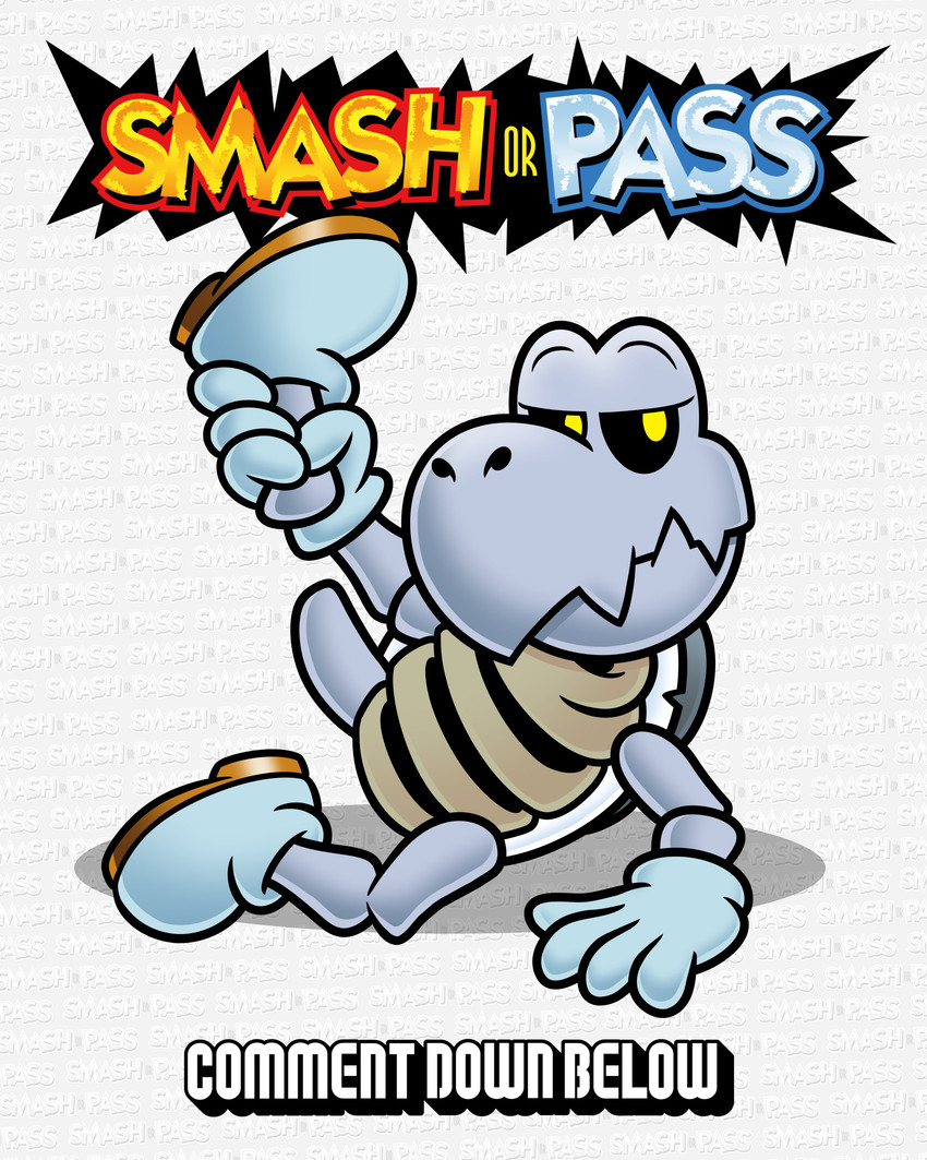 ambiguous_gender anthro black_sclera bone clothing eyelashes fangs footwear grey_body grey_shell half-closed_eyes holding_leg looking_at_viewer narrowed_eyes raised_leg shell simple_background sitting skeleton solo teeth text text_background white_background white_clothing white_footwear yellow_eyes downrightshoddy mario_bros nintendo animated_skeleton dry_bones koopa koopa_troopa reptile scalie tortoise turtle undead 4:5 absurd_res english_text hi_res