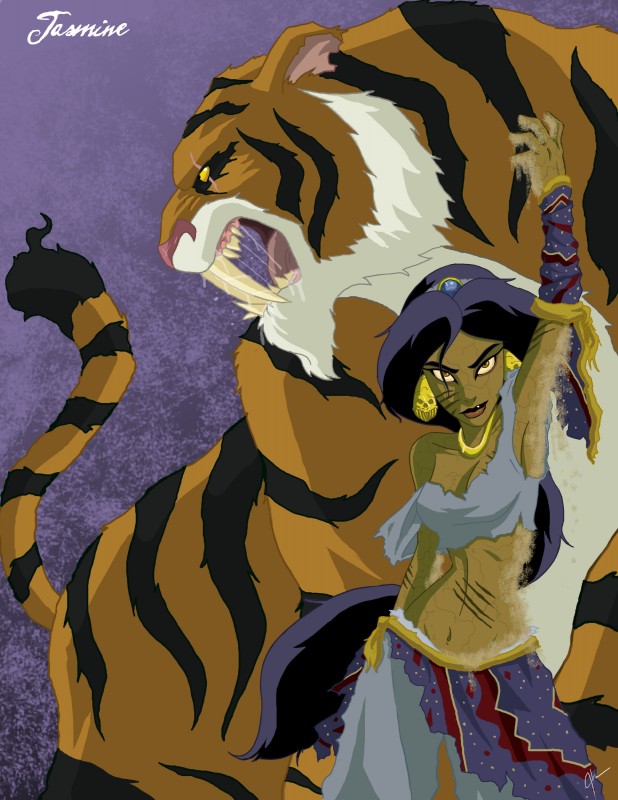 bare_shoulders black_hair breasts brown_eyes cleavage clothed clothing creepy duo ear_piercing eyebrows eyelashes female feral hair long_hair looking_at_viewer male midriff navel off_shoulder open_mouth piercing sand scar tail teeth tongue twisted what_has_magic_done jeffrey_thomas disney disney's_aladdin disney_princess princess_jasmine_(disney) rajah_(disney) felid human mammal pantherine tiger absurd_res hi_res