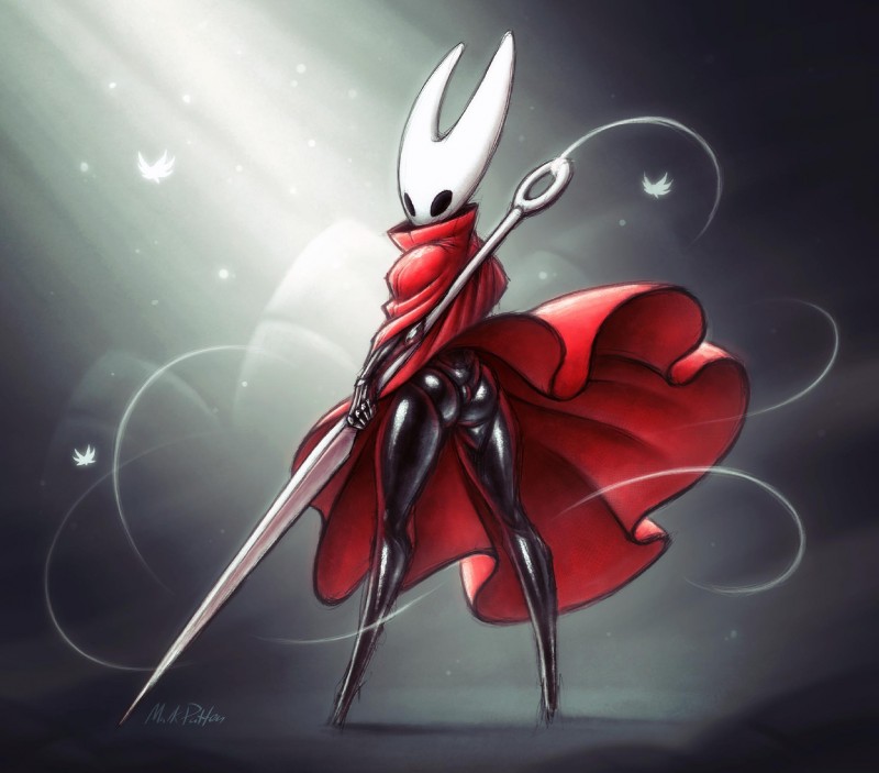 anthro black_body black_eyes butt cloak clothed clothing featureless_feet feet female horn looking_at_viewer looking_back solo upskirt weapon white_horn mark_patten hollow_knight team_cherry hornet_(hollow_knight) arthropod humanoid insect 2019 hi_res