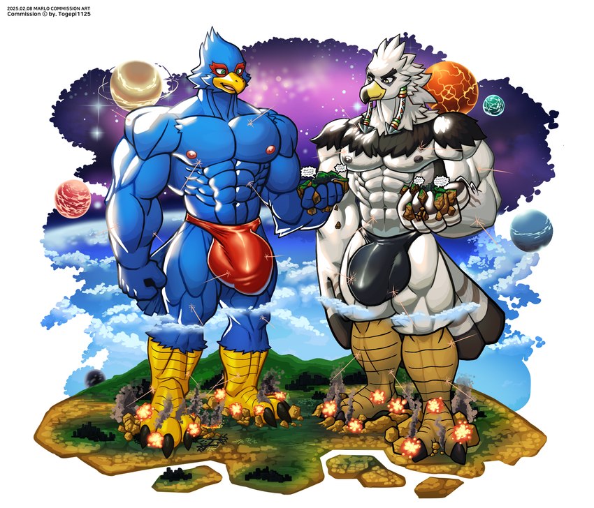 abs anthro blue_body blue_feathers braided_pseudo_hair bulge city clothing death destruction duo explosion feathers genital_outline giga green_eyes macro male muscular muscular_male pecs planet speedo swimwear white_body white_feathers yellow_eyes wolfmalro breath_of_the_wild nintendo star_fox the_legend_of_zelda falco_lombardi teba_(tloz) avian bird rito hi_res