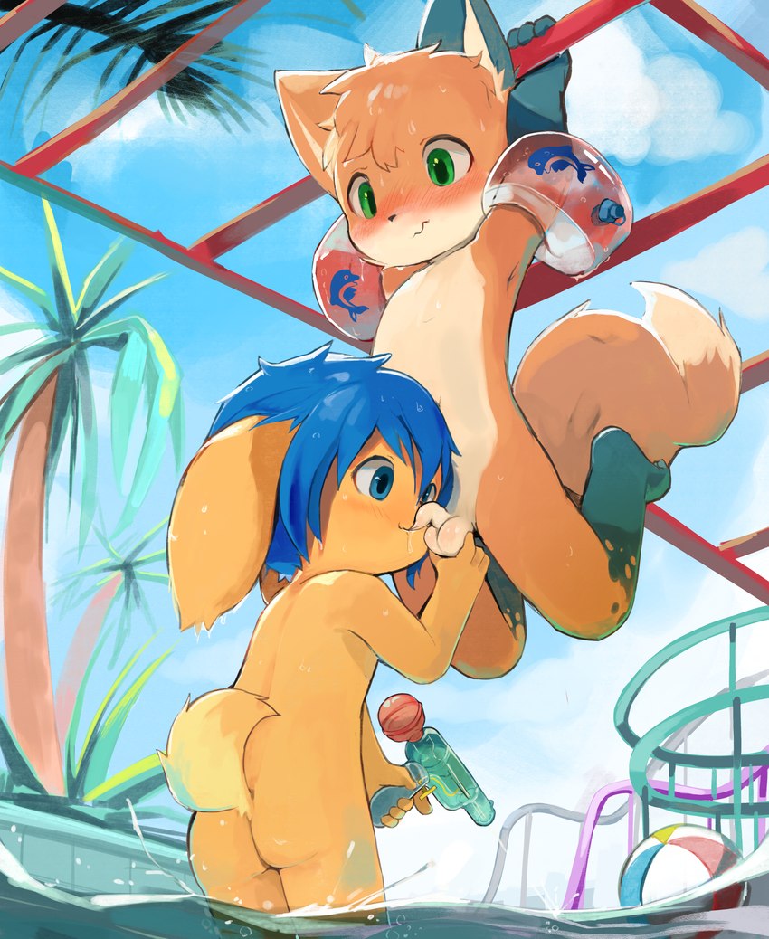 anthro anthro_on_anthro ball_fondling balls blue_eyes blue_hair blush butt duo erection fellatio fondling foreskin foreskin_bite foreskin_play foreskin_pull fur genitals green_eyes hair holding_balls interspecies kemono male male/male monkey_bars navel nude oral orange_body orange_fur orange_hair penile penis plant public public_nudity public_sex sex shocked standing surprise swimming_pool toy toy_gun tree unusual_anatomy unusual_wings water water_gun water_wings wings yellow_body yellow_fur young young_anthro young_on_young yupa jaberwocky jeffybunny canid canine fox lagomorph leporid mammal rabbit absurd_res digital_media_(artwork) hi_res