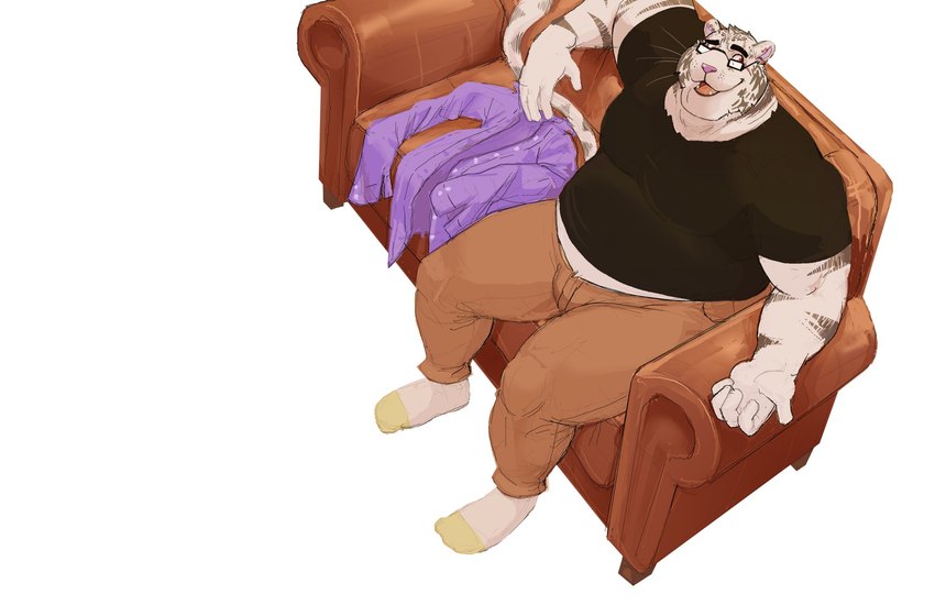 5_fingers anthro biped black_clothing black_shirt black_topwear bottomwear clothed clothing eyewear fingers footwear fur furniture glasses looking_up male open_mouth open_smile overweight pants purple_clothing red_eyes relaxing sharp_teeth shirt simple_background sitting smile socks sofa solo striped_arm striped_body striped_fur stripes teeth topwear white_background white_body white_clothing white_footwear white_fur white_socks yellow_clothing yellow_footwear yellow_socks daire301 jarek_milorad felid mammal pantherine tiger 2017 digital_media_(artwork) hi_res