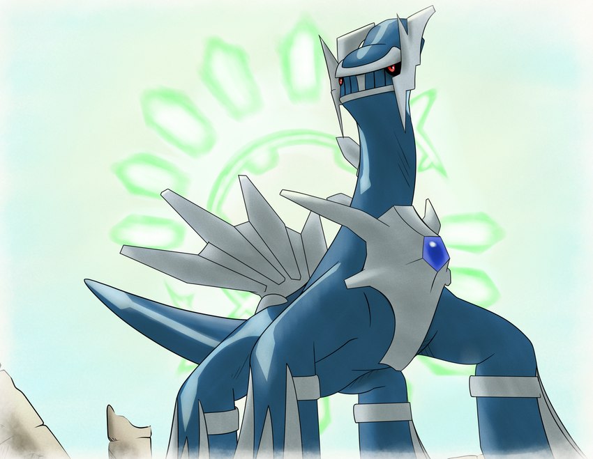 3_toes ambiguous_gender armor black_sclera blue_body breastplate feet feral leg_armor long_tail low-angle_view pillar quadruped red_eyes rock sky solo standing steel tail toes beautyfromabove nintendo pokemon pokemon_mystery_dungeon spike_chunsoft dialga generation_4_pokemon legendary_pokemon pokemon_(species) 2021 hi_res shaded