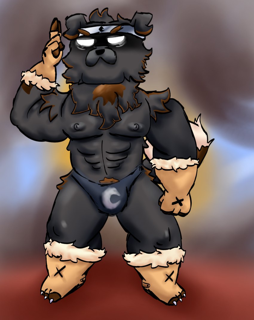 anthro body_hair chest_hair clothed clothing hairy male muscular muscular_anthro muscular_male nipples partially_clothed serious serious_face solo ugly-rat15508 honos canid canine canis domestic_dog mammal hi_res