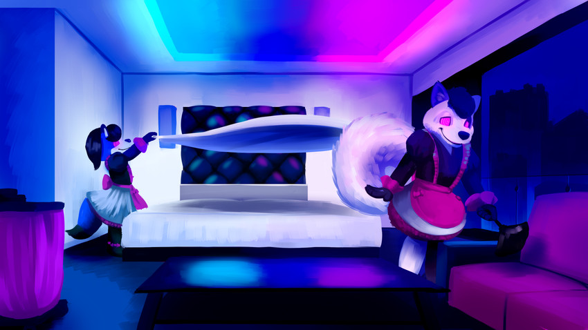 anthro bed black_body black_fur black_hair black_nose blue_body blue_fur cleaning cleaning_tool clothed clothing crossdressing dipstick_tail duo feather_duster femboy fur furniture glowing glowing_eyes hair hypnosis maid_uniform male markings mind_control multicolored_body multicolored_fur multicolored_tail pink_eyes spiral_eyes tail tail_markings uniform white_body white_fur sexotheque eamon canid canine fox mammal 2020 absurd_res digital_drawing_(artwork) digital_media_(artwork) hi_res