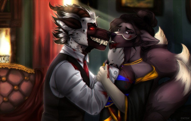 5_fingers anthro black_hair black_nose brown_body brown_fur clothed clothing detailed_background duo female fingers fur hair horn male pale_eyes red_eyes ridged_horn smile standing teeth entsk canid canine mammal