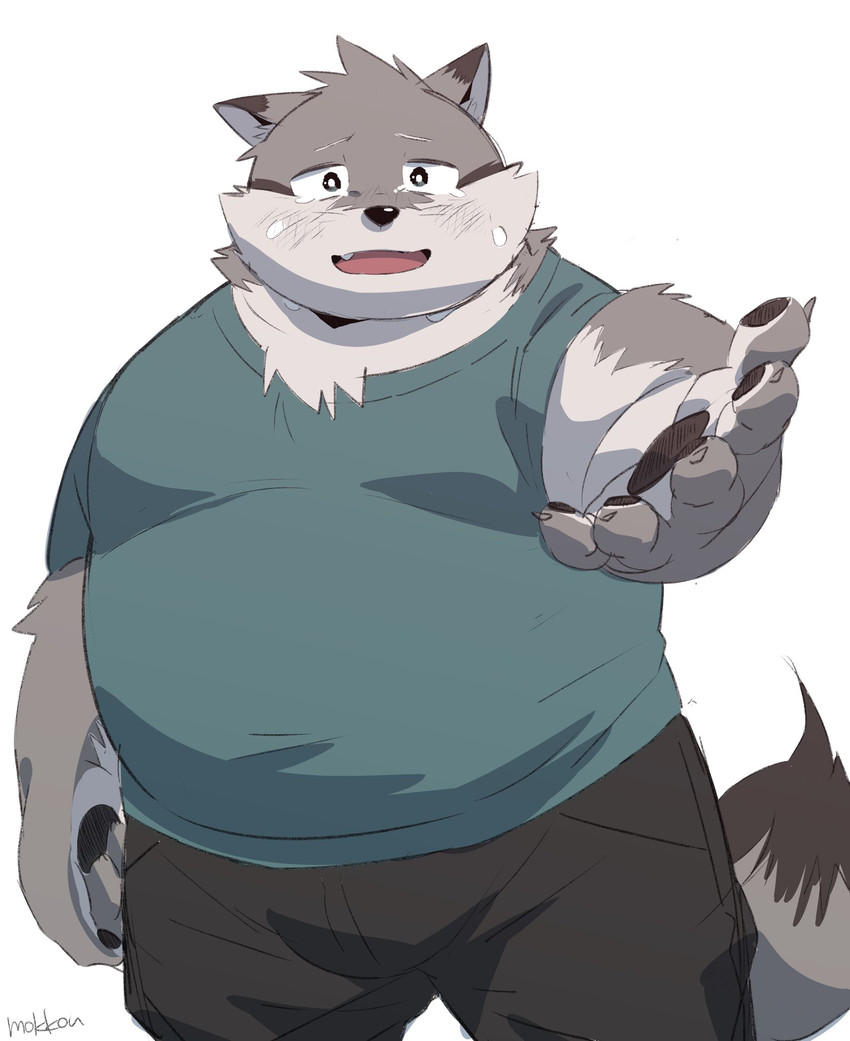 anthro belly black_nose bodily_fluids bottomwear bulge clothing crying humanoid_hands kemono male overweight overweight_anthro overweight_male shirt shorts simple_background solo tears topwear white_background uokkom canid canine mammal 2020 hi_res