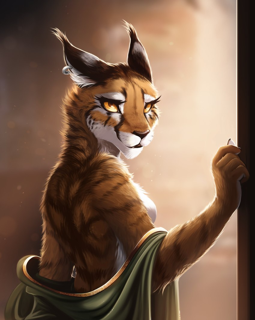 anthro backlighting biped breasts clothed clothing detailed_background ear_piercing ear_ring featureless_breasts female fur light looking_at_viewer piercing rear_view ring_piercing smile solo text tuft conditional_dnp tom_fischbach bethesda_game_studios microsoft morrowind the_elder_scrolls ahnassi felid khajiit mammal 2022 absurd_res adobe_photoshop_(artwork) colored digital_media_(artwork) digital_painting_(artwork) english_text half-length_portrait hi_res lighting portrait