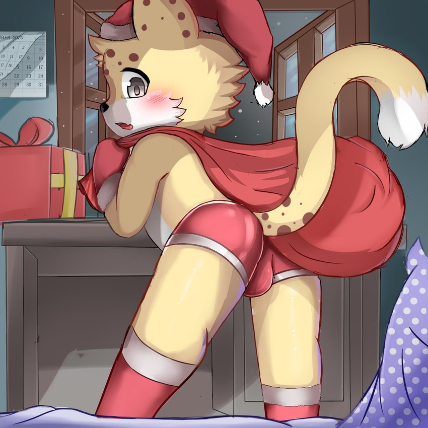 anthro black_nose briefs bulge butt cheek_tuft christmas_clothing christmas_headwear clothing cute_fangs facial_tuft fangs gift hat headgear headwear holidays inside looking_at_viewer looking_back male red_briefs red_clothing red_underwear santa_hat solo spots teeth tuft underwear young choki christmas cheetah felid feline mammal 1:1 absurd_res hi_res