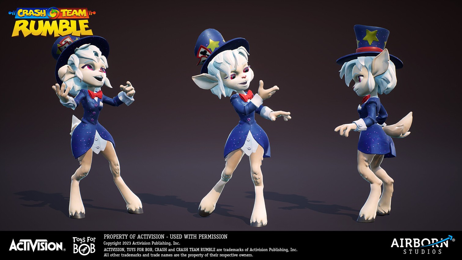 4_fingers anthro arms_bent bangs black_background black_hooves blue_clothing blue_suit blue_top_hat bow_tie breasts button_(fastener) card clothed clothed_anthro clothed_female clothing eyelashes feathering female fingers fur hair hooves light looking_at_own_hand looking_up medium_hair multiple_poses notched_ear open_mouth open_smile playing_card pockets pose red_bow_tie red_eyes simple_background smile solo standing suit tail tan_body tan_fur tan_tail teeth text title two_tone_tail unguligrade white_dress_shirt white_hair year martin_elsaesser activision crash_team_rumble spyro_the_dragon toys_for_bob elora faun_(spyro) mammal 16:9 2024 3d_(artwork) autodesk_maya_(artwork) blender_(artwork) colored digital_media_(artwork) english_description english_text hi_res lighting marmoset_toolbag_(artwork) official_art shaded substance_painter_(artwork) unreal_engine_(artwork) widescreen zbrush_(artwork)