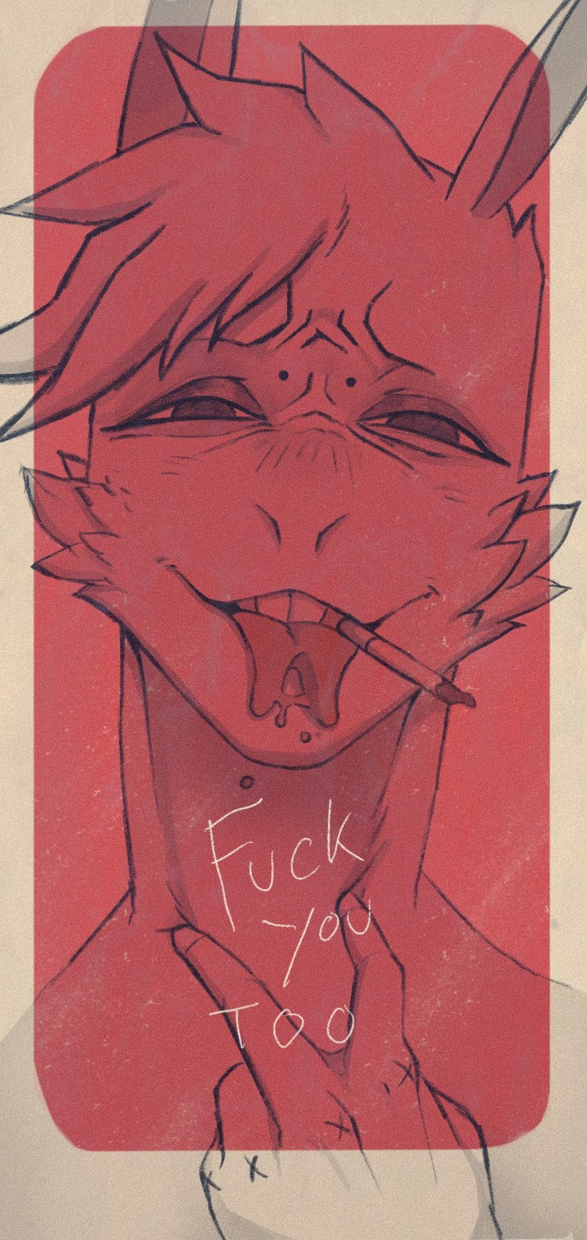 5_fingers anthro bodily_fluids border buckteeth cheek_tuft cigarette cigarette_in_mouth ears_up facial_tuft fingers forked_tongue front_view fur fur_tuft hair hand_on_own_neck looking_at_viewer male male_anthro narrowed_eyes object_in_mouth profanity reference_image_at_source saliva saliva_string simple_background smile smirk solo teeth text tongue tuft white_border white_text possumcrimes bb_(possumcrimes) mammal unknown_species 2021 black_and_white_and_red digital_drawing_(artwork) digital_media_(artwork) english_text headshot_portrait hi_res portrait