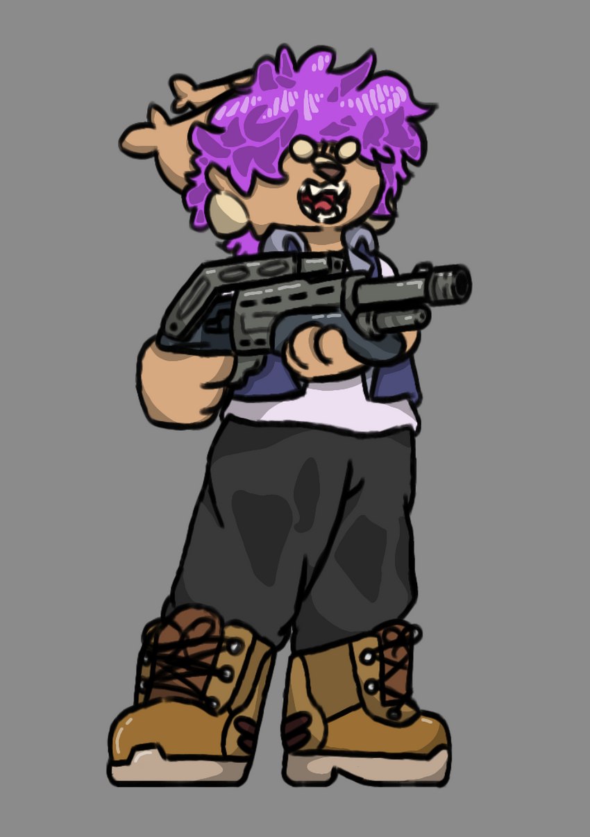 angry anthro band_(marking) bared_teeth boots bottomwear brown_boots brown_clothing brown_footwear brown_nose clothing denim denim_clothing denim_jacket denim_topwear denim_vest footwear grey_bottomwear grey_clothing grey_pants gun hair jacket male markings open_mouth pants purple_hair ranged_weapon shirt shoes shotgun solo spas-12 t-shirt tan_markings topwear vest weapon white_clothing white_shirt white_topwear rotorthephone canada_lynx felid feline lynx mammal hi_res