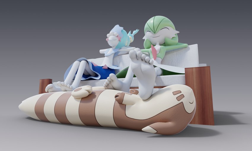 5_toes anthro barefoot dominant eyes_closed feet footstool group relaxing sitting smile soles toes feetymcfoot nintendo pokemon domestic_ferret furret gardevoir generation_2_pokemon generation_3_pokemon generation_7_pokemon humanoid mammal marine mustelid musteline pinniped pokemon_(species) primarina seal true_musteline weasel 3d_(artwork) 5:3 digital_media_(artwork) hi_res