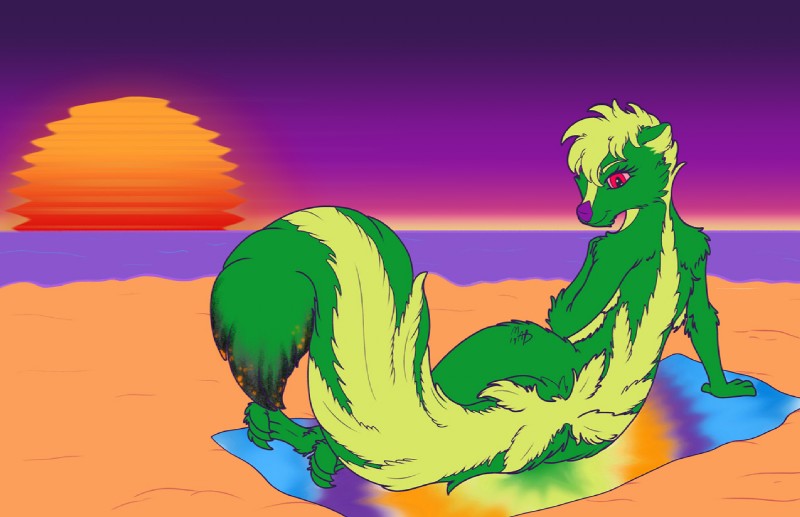 beach drugs female fur green_body green_fur looking_at_viewer marijuana nude outside red_eyes seaside solo sunset tie-dye mursa kush_green mammal mephitid skunk