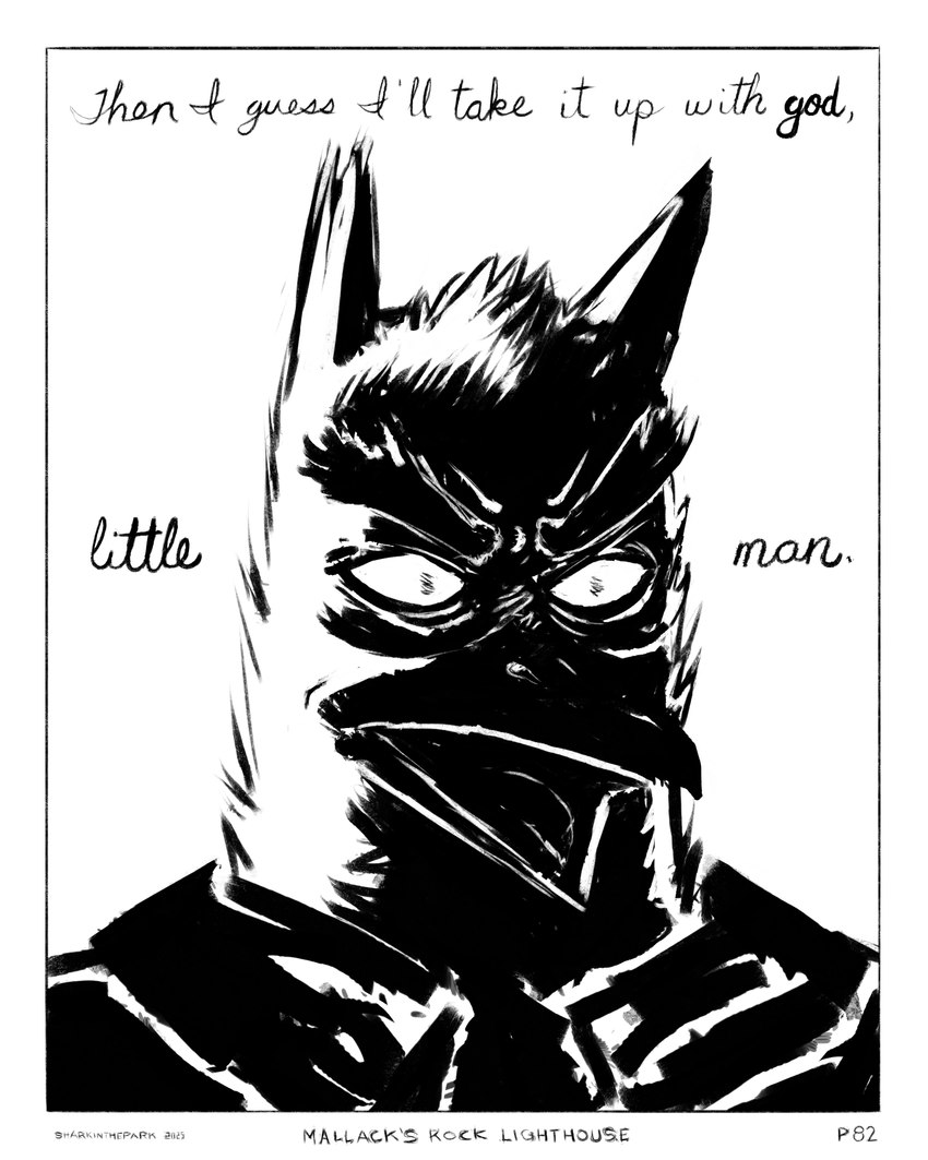 angry beak black_clothing black_coat black_topwear bold_text border clothing coat collar death_stare dialogue face_in_shadow frown male shadow simple_background solo stare topwear white_background sharkinthepark maccaw_(sharkinthepark) avian bird owl 2025 absurd_res black_and_white comic hi_res monochrome