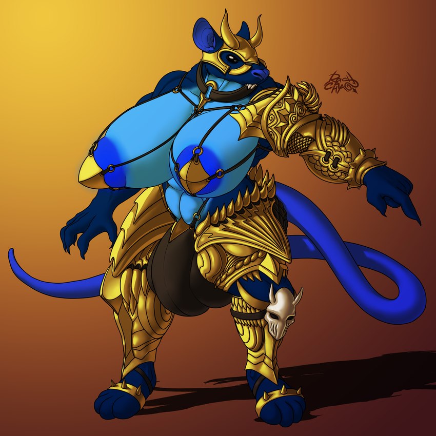 anthro areola armor belt big_areola big_breasts black_eyes black_sclera blue_areola blue_body blue_fur blue_nails blue_tail bone breasts brown_background brown_clothing bulge clothed clothing colored_nails fur gesture gold_(metal) gold_armor gradient_background gynomorph hand_gesture headgear helmet horn huge_areola huge_breasts intersex jewelry long_tail nails necklace outline paws pointing shadow sharp_nails sharp_spikes sharp_teeth simple_background skull solo spikes standing tail teeth yellow_armor yellow_background rashchaos mammal murid murine rat rodent 1:1 absurd_res digital_media_(artwork) hi_res signature