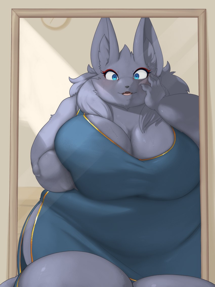 anthro belly big_belly big_breasts blue_eyes blush bodily_fluids breast_grab breast_squish breasts cheek_tuft cleavage clothed clothing cute_fangs dress eyeshadow facial_tuft fangs female female_pov first_person_view fur grey_body grey_fur hand_on_breast hand_on_face holding_breast huge_breasts implied_transformation inner_ear_fluff inside looking_at_self makeup mirror open_mouth overweight reflection solo squish surprise sweat teeth thick_thighs tight_clothing tuft wide_hips yosioka_san seth_(yosioka_san) canid canine mammal 2021 3:4 absurd_res hi_res portrait three-quarter_portrait