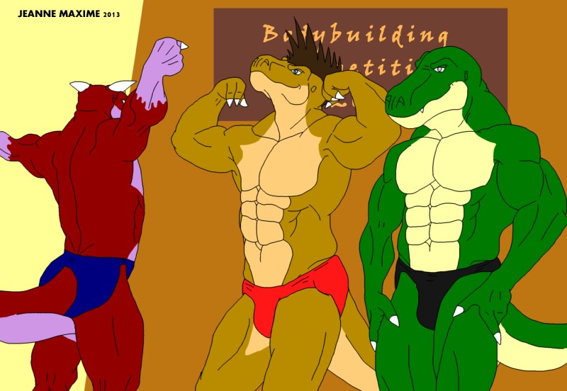 abs anthro athletic biceps blue_eyes brown_body brown_hair brown_skin bulge claws clothed clothing competition fangs flexing green_body green_skin grey_eyes grin group hair horn looking_at_viewer male male/male muscular pecs pink_body pink_skin pose rear_view red_body red_skin scales smile speedo standing swimwear tail teeth topless yellow_body yellow_skin maxime-jeanne jonathan_alexander thomas_carter dinosaur prehistoric_species reptile scalie theropod tyrannosaurid tyrannosauroid tyrannosaurus tyrannosaurus_rex 2013 hi_res