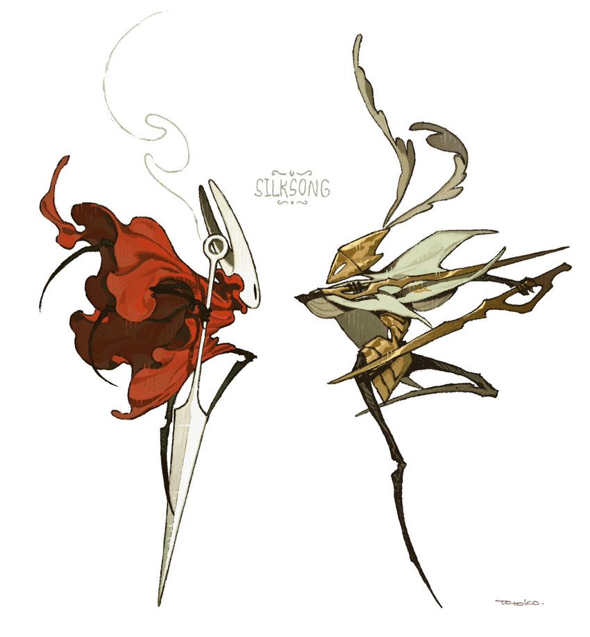ambiguous_gender anthro black_body black_eyes cloak clothing dual_wielding duo empty_eyes fight fighting_pose hat_feather headgear headwear holding_object holding_weapon hornet's_needle loose_feather machine melee_weapon midair pose red_cloak red_clothing side_view simple_background sword text weapon white_background white_body white_eyes yellow_body carrottrembling hollow_knight:_silksong hollow_knight_(franchise) team_cherry hornet_(hollow_knight) second_sentinel arthropod insect robot 2025 digital_drawing_(artwork) digital_media_(artwork) english_text hi_res signature female_(lore)