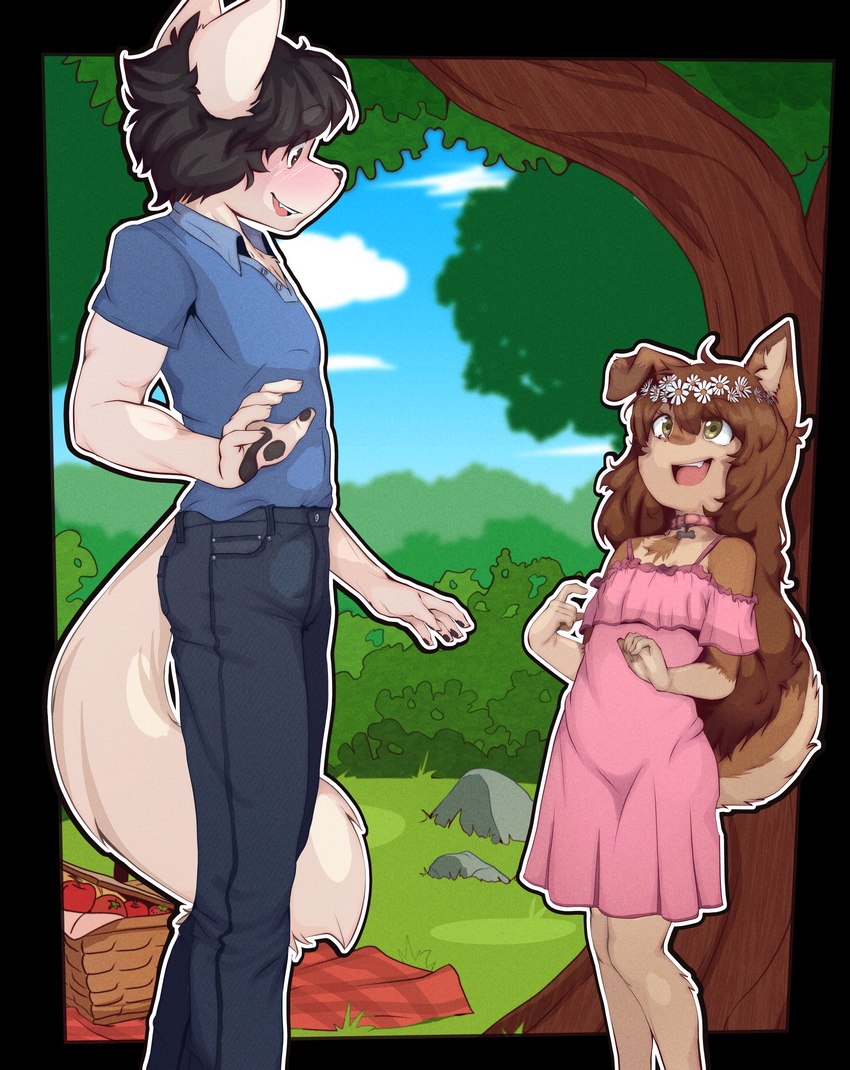 accessory age_difference anthro basket blush clothed clothing container dress duo female flower flower_in_hair food fur hair hair_accessory happy male open_mouth outside picnic picnic_basket picnic_blanket plant sundress tail tongue tree young young_anthro sicmop felix_(wolfelix) scout_(wolfelix) canid canine canis mammal wolf 2023 alpha_channel digital_media_(artwork) hi_res brother_(lore) brother_and_sister_(lore) sibling_(lore) sister_(lore)