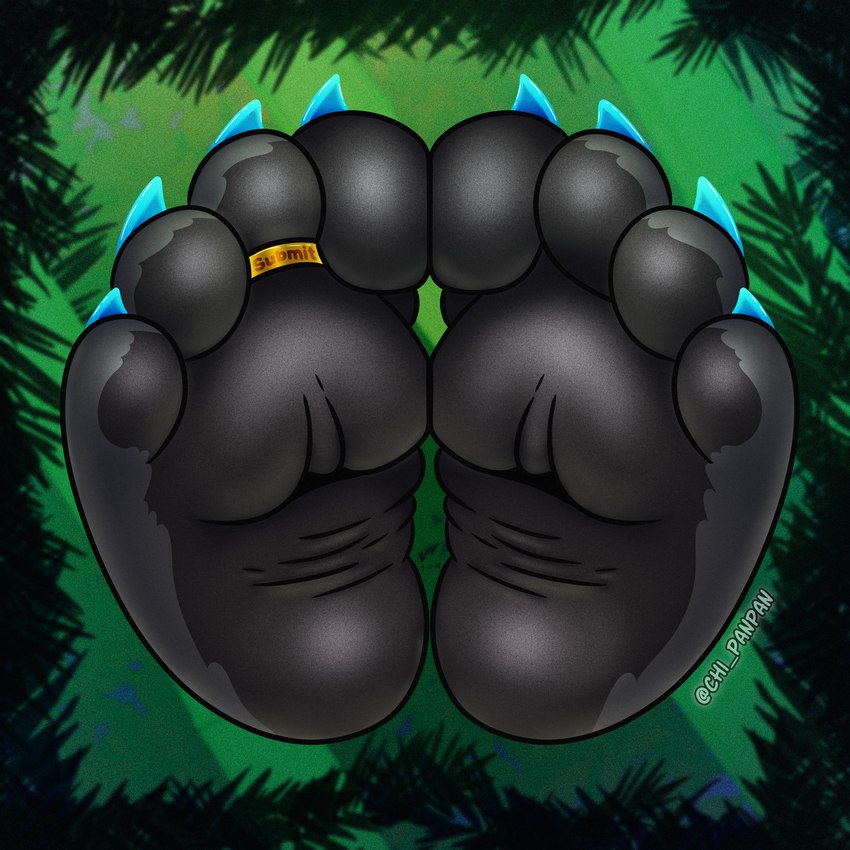 4_toes anthro black_body black_fur black_pawpads blue_claws claws close-up digit_ring disembodied_foot feet foot_fetish foot_focus foot_shot fur humanoid_feet jewelry male pawpads plantigrade ring simple_background soles solo toe_claws toe_ring toes wrinkled_feet wrinkles chi_panpan chi_panda bear giant_panda mammal 1:1 absurd_res hi_res huge_filesize