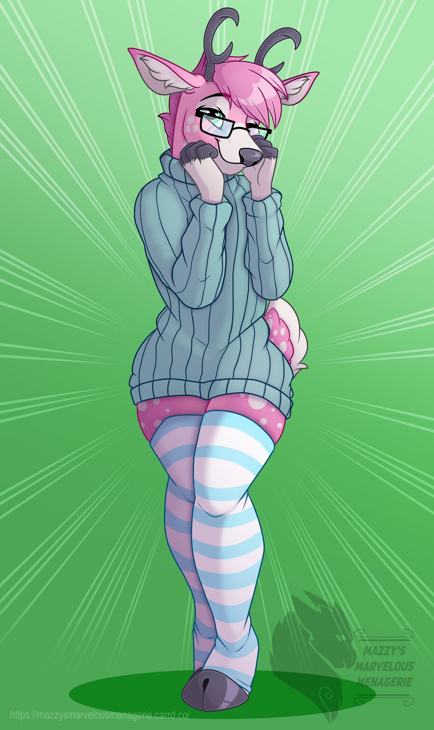 anthro antlers bangs clothed clothing cloven_hooves curvy_figure eyewear femboy fingerless_(marking) front_view glasses hair hooves horn jumper leggings legwear logo looking_at_viewer male pink_hair radial_gradient_background simple_background solo standing text unguligrade marvelous_managerie dain_(dainthedeer) absurd_res artist_logo artist_name digital_drawing_(artwork) digital_media_(artwork) english_text full-length_portrait hi_res portrait shaded soft_shading url