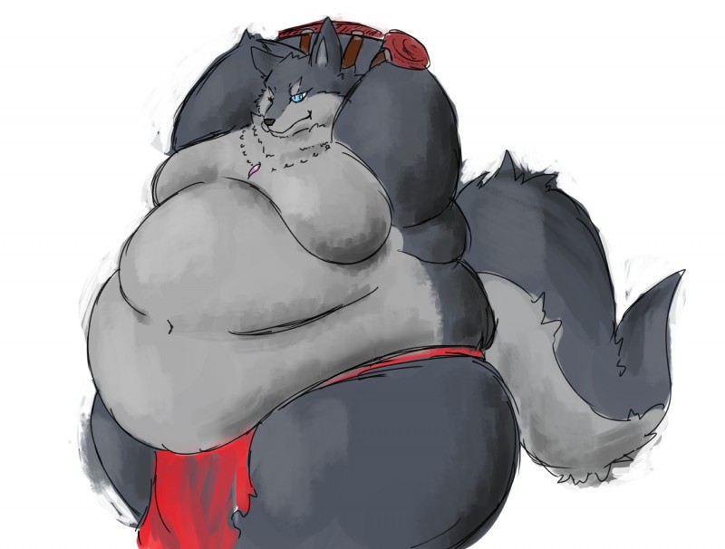 anthro belly big_belly bottomwear clothed clothing fur grey_body grey_fur hands_behind_head jewelry loincloth love_handles male moobs navel necklace obese obese_anthro obese_male overweight overweight_anthro overweight_male solo thick_thighs topless wide_hips gabu2929 canid canine canis mammal wolf hi_res