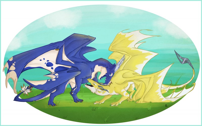 blue_body blue_fur duo feathers feral fluffy fur male membrane_(anatomy) membranous_wings peaceful playing simple_background tail white_body white_fur wings yellow_body yellow_fur selaena mythology axirpy lothar dragon furred_dragon furred_scalie mythological_creature mythological_scalie scalie hi_res