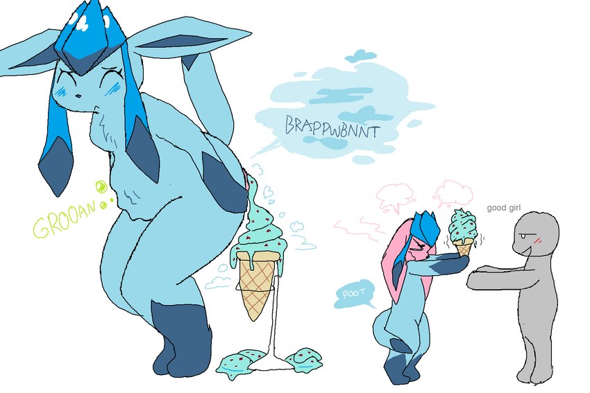 anthro anus bloated blue_blush blue_body blue_fart_cloud blue_fur blush blushing_profusely butt chest_tuft crouching dipstick_tail duo extended_arms eyes_closed fart fart_cloud feces feces_on_ground female food fur gloves_(marking) good_girl grey_body holding_food holding_ice_cream_cone holding_object ice_cream_cone ice_cream_feces ice_fart leg_markings markings narrowed_eyes open_mouth pooping pooping_in_ice_cream_cone raised_tail rumbling_stomach scatplay simple_background socks_(marking) sound_effects standing tail tail_markings text tuft unusual_fart unusual_feces white_background theonetruesinner nintendo pokemon katie_(theonetruesinner) eeveelution generation_4_pokemon glaceon human mammal pokemon_(species) 3:2 english_text hi_res female_(lore)
