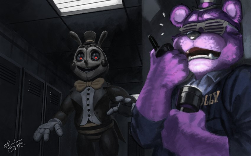 anthro bow_tie clothed clothing duo electronics flashlight hat headgear headwear holding_flashlight holding_object holding_walkie_talkie light machine male open_mouth purple_body red_eyes scared teeth terror top_hat walkie-talkie ewademar five_nights_at_freddy's scottgames animatronic arthropod bear bee hymenopteran insect mammal robot 2023 absurd_res digital_media_(artwork) hi_res