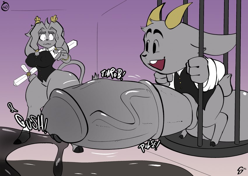 anthro antlers balls big_balls big_breasts big_butt big_penis black_cum bodily_fluids breasts butt cage colored_cum cum curvy_figure duo female genital_fluids genitals grey_body gushing happy horn hourglass_figure huge_balls huge_penis hyper hyper_balls hyper_genitalia hyper_penis male medial_ring open_mouth penis pulsing simple_background throbbing throbbing_penis unusual_bodily_fluids unusual_cum unusual_genital_fluids vein veiny_penis worried_look squealydealy pseudoregalia butler_(pseudoregalia) sybil_(pseudoregalia) jackalope lagomorph mammal hi_res