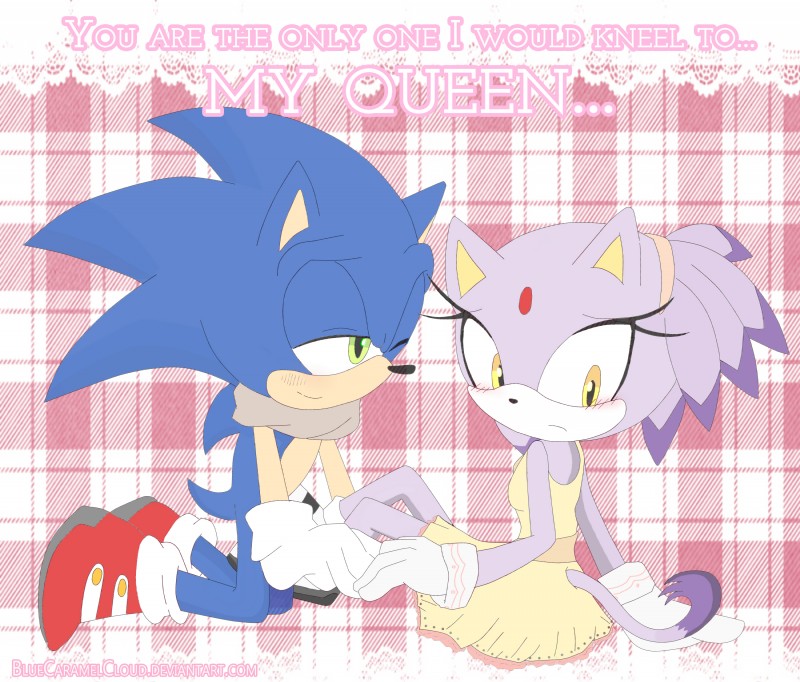 anthro bindi blue_body blush duo female fur green_eyes male purple_body purple_fur yellow_eyes bluecaramelcloud sega sonic_the_hedgehog_(series) blaze_the_cat sonic_the_hedgehog domestic_cat eulipotyphlan felid feline felis hedgehog mammal absurd_res hi_res