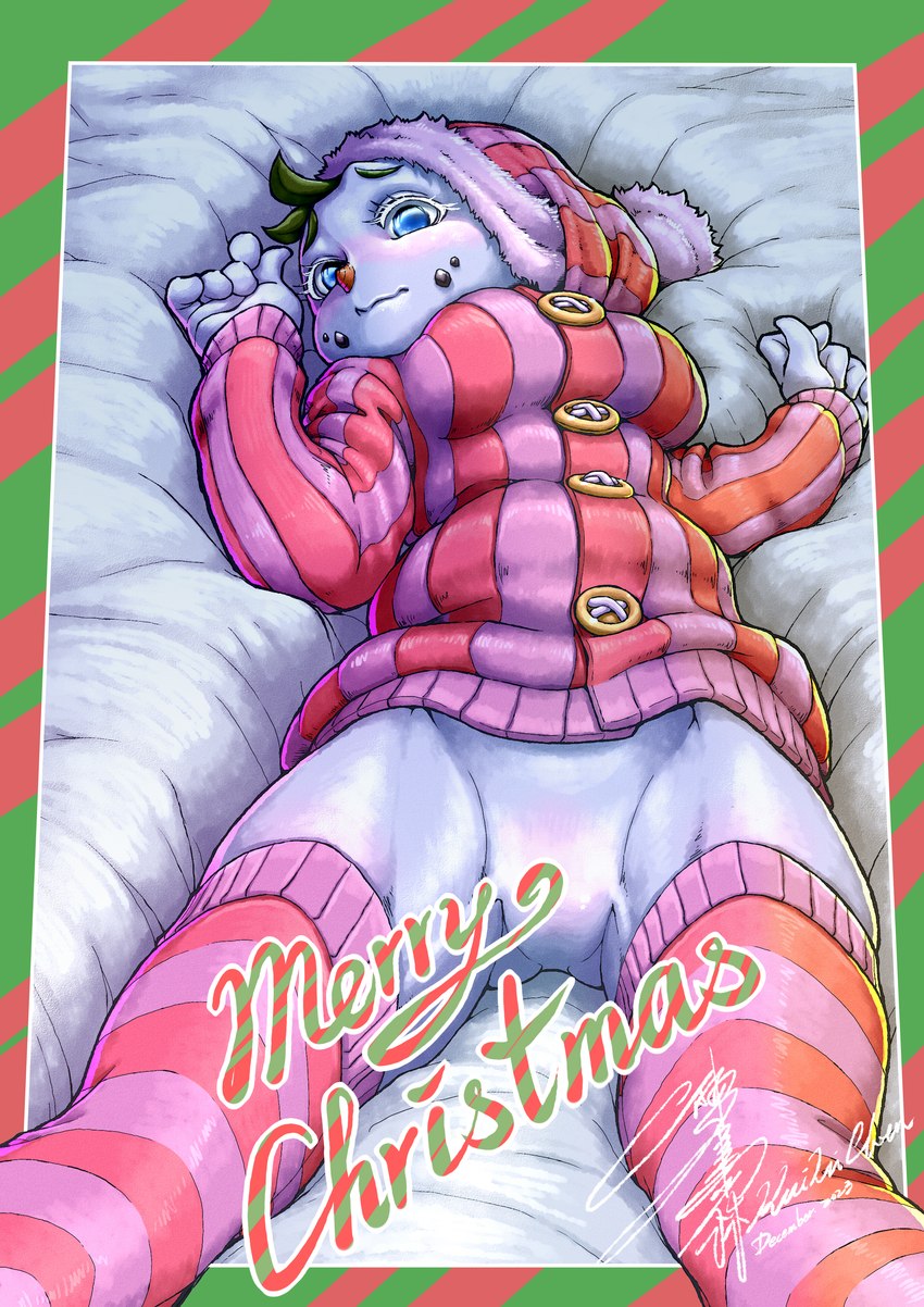 blue_eyes clothing female holidays knitted not_furry red_clothing snow snowman solo sweater topwear white_body kui_lin_chen christmas humanoid absurd_res hi_res