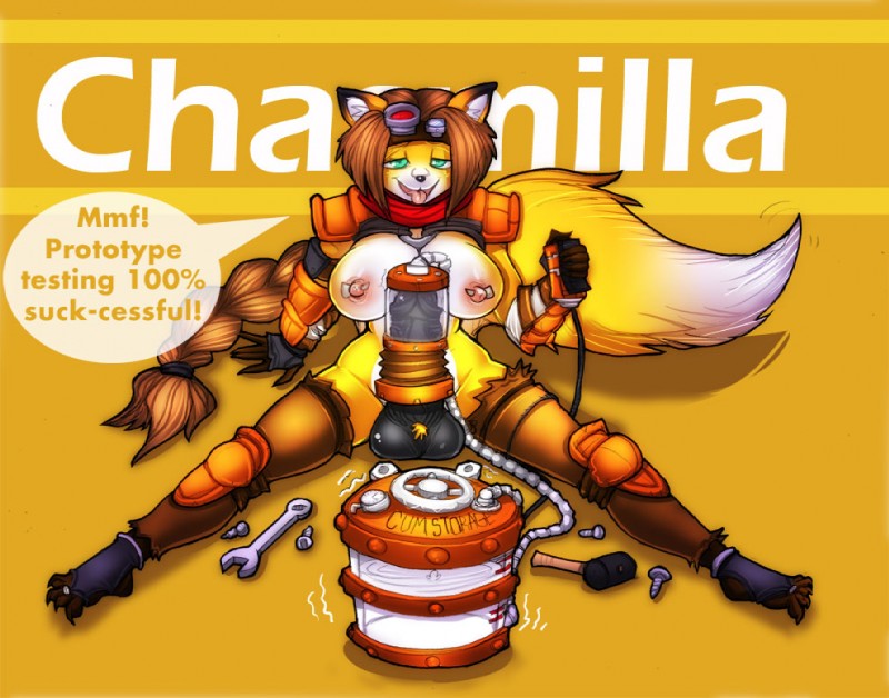 anthro balls biped breasts brown_hair dialogue erection eyewear goggles green_eyes gynomorph hair intersex long_hair masturbation nipple_piercing nipples penile penile_masturbation penis penis_pump piercing sitting solo text tongue tongue_out shia chasmilla canid canine fox mammal english_text