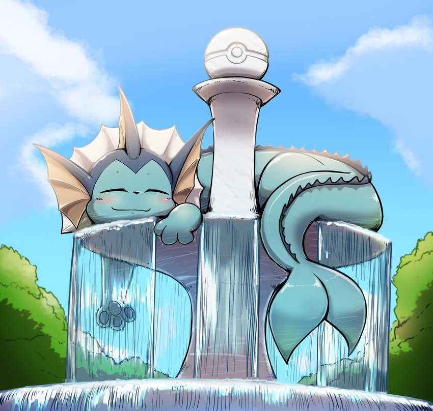 3_fingers ambiguous_gender blue_body blush cloud eyes_closed feral fingers fountain light_blush monotone_body outside pawpads plant pokeball sky smile solo tree water water_fountain otakuap nintendo pokemon eeveelution generation_1_pokemon pokemon_(species) vaporeon 2023 hi_res