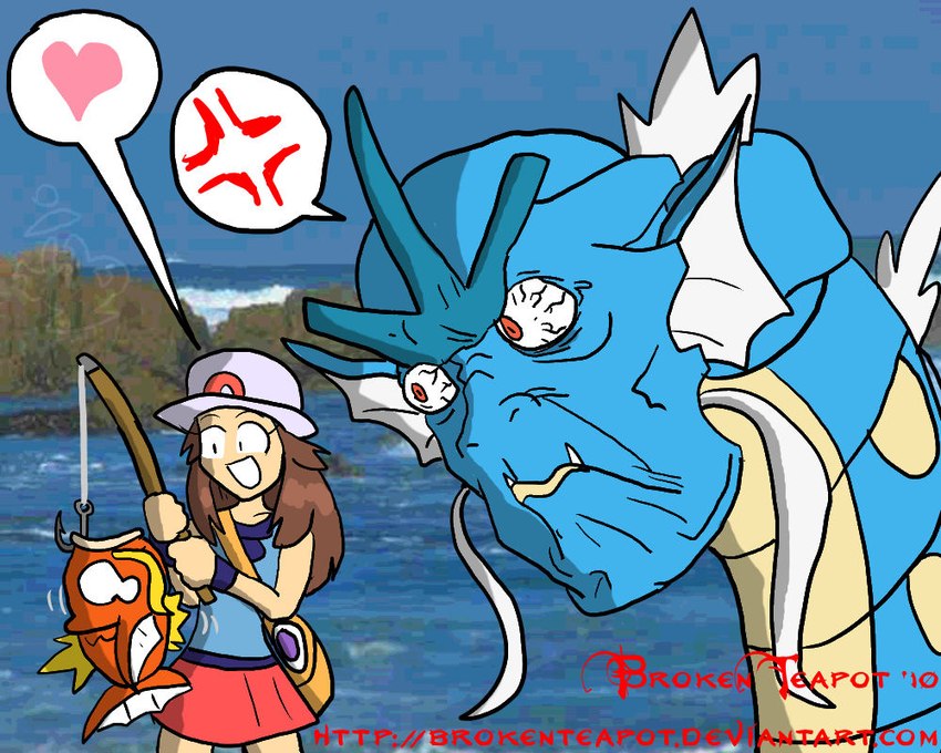 ambiguous_gender cross-popping_vein female fishing fishing_rod frown group heart_reaction heart_symbol humor iconography smile speech_bubble trio brokenteapot nintendo pokemon leaf_(pokemon) pokemon_trainer fish generation_1_pokemon gyarados magikarp marine pokemon_(species) 2010 5:4 pictographics