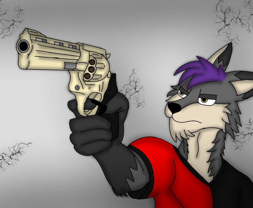 anthro black_clothing black_topwear clothing fur golden_gun grey_body grey_fur gun hair handgun holding_gun holding_object holding_ranged_weapon holding_weapon male multicolored_clothing multicolored_topwear purple_hair ranged_weapon red_clothing red_topwear revolver solo topwear two_tone_clothing two_tone_topwear weapon nicolasthewolf canid canine canis mammal wolf